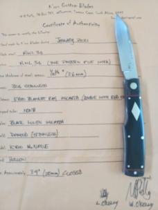  K'roo Native Knife 4".Black Linen scales & blanket Micarta bolsters..red accents..rwl34..coa/sli 