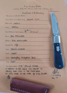 K'roo Danny Boy Swayback Prototype..Denim Micarta...N690 with brut de force..3.75" closed...coa/slip