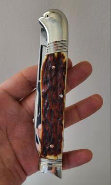 5 5/8" Big Custom Handmade Bird's Head Bolster Trapper with Premium Stag Handles and File Work