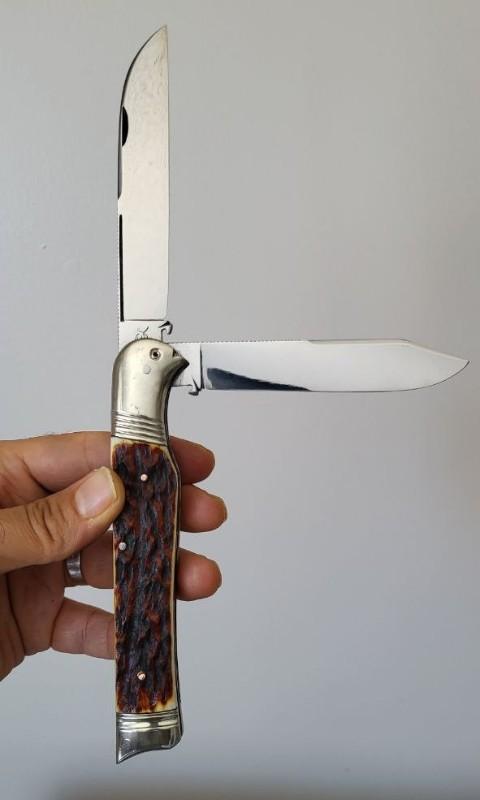 5 5/8" Big Custom Handmade Bird's Head Bolster Trapper with Premium Stag Handles and File Work 5 5/8" Big Custom Handmade Bird's Head Bolster Trapper with Premium Stag Handles and File Work