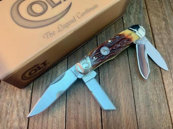 Colt Knives Railsplitter Amber Carved Stag Bone Colt Knives Railsplitter Amber Carved Stag Bone