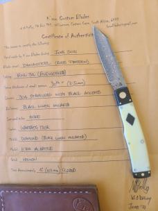  K'roo Native.. 4"..Black Linen bolsters&caps..Warthog Tusk Ivory Scales..red accents..Damasteel 