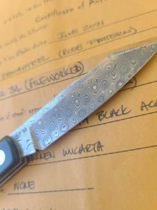  K'roo Native.. 4"..Black Linen bolsters&caps..Warthog Tusk Ivory Scales..red accents..Damasteel 