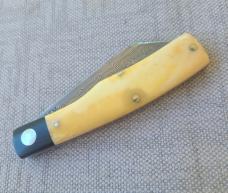  K'roo "Mac" Knife...3.5" clsd...Black Linen bolsters..Warthog Tusk Ivory Scales....Damasteel..coa. 