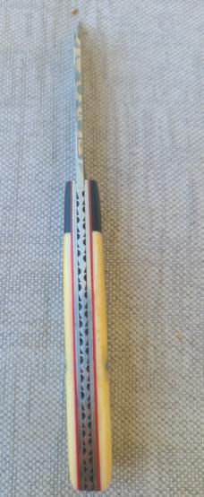  K'roo "Mac" Knife...3.5" clsd...Black Linen bolsters..Warthog Tusk Ivory Scales....Damasteel..coa. 