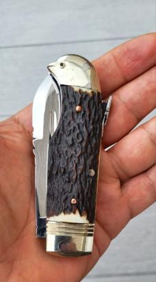 3 7/8" Custom Handmade Bird's Head Bolster Lockback Knife, Fluted Blade
