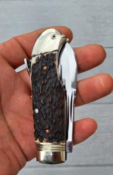 3 7/8" Custom Handmade Bird's Head Bolster Lockback Knife, Fluted Blade