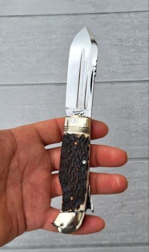3 7/8" Custom Handmade Bird's Head Bolster Lockback Knife, Fluted Blade