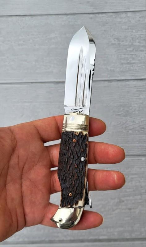 3 7/8" Custom Handmade Bird's Head Bolster Lockback Knife, Fluted Blade