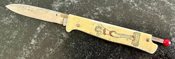 Vintage Pinup Swimsuit Girl Pull Tab Mechanical Opening Knife, Germany, Used Vintage Pinup Swimsuit Girl Pull Tab Mechanical Opening Knife, Germany, Used