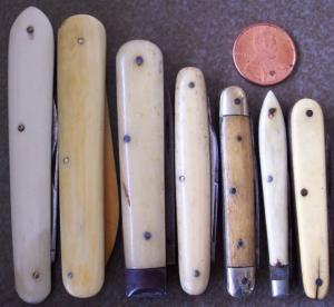 lot of 7 vintage ivory / smooth bone Pocket Knives BEAVER FALLS, HILGER & SONS etc. Knife