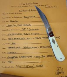 K'roo Warthog Tusk Striper Swayback...Ivory Scales..Striper Bolsters..Rwl34...3.75"..coa & slip