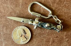 Miniature Keychain Switchblade Knife, Older Style From Italy, Imitation Horn, Unused