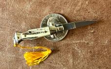 Miniature Keychain Switchblade Knife, Older Style From Italy, Nice Light Stag, Unused