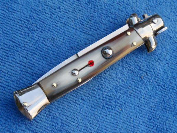 9" Italian Stiletto Genuine French tip blond-Horn Handles- SS Bayonet Grind Blade II 9" Italian Stiletto Genuine French tip blond-Horn Handles- SS Bayonet Grind Blade II