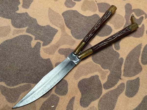 Vtg Phillipines Original Balisong Jigged bone brass 9” Butterfly knife Hand forged VINTAGE EXC