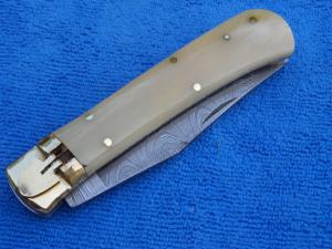 New 9" Leverlock Automatic switchblade knife Camel bone Handles Damascus blade filework backspring