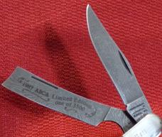 AMERICAN BLADE COLLECTORS 1987 DAMASCUS SADDLE HORN TRAPPER KNIFE #879 ( CHECK OR MONEY ORDER )