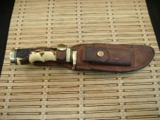 SCHRADE UNCLE HENRY 153UH GOLDEN SPIKE VINTAGE 1980'S FIXED BLADE CARBON STEEL KNIFE, SHEATH & STONE