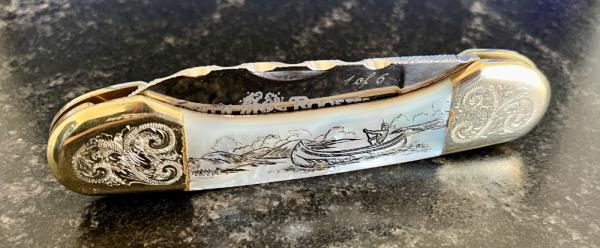 Beautiful Fight'N Rooster By Graham Clayton Mother Of Pearl Canoe 2 Blade Knife, Sheffield England