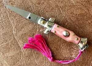 Pink Imitation Mother Of Pearl Miniature Keychain Switchblade Knife, Older Style From Italy