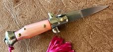 Pink Imitation Mother Of Pearl Miniature Keychain Switchblade Knife, Older Style From Italy
