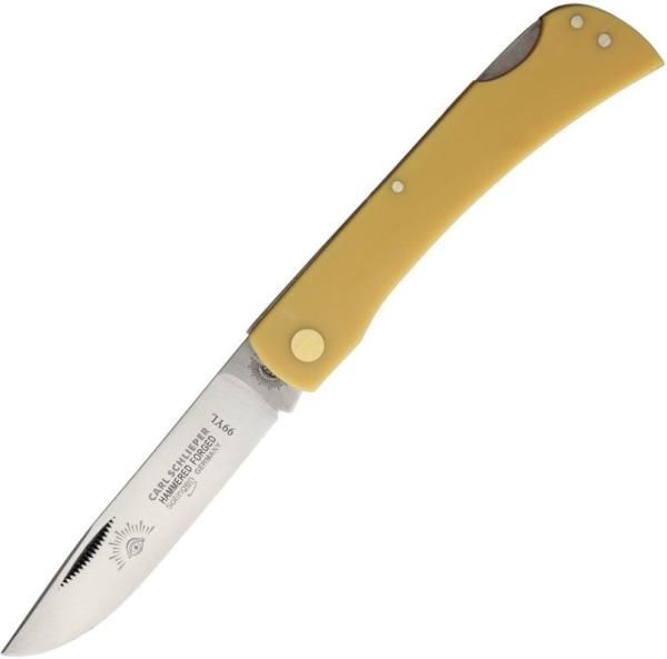 GERMAN EYE BRAND - CLODBUSTER #99YL {LARGE} - ETCHED BLADE - 4 5/8" CLOSED - YELLOW HANDLES GERMAN EYE BRAND - CLODBUSTER #99YL {LARGE} - ETCHED BLADE - 4 5/8" CLOSED - YELLOW HANDLES