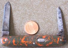 Vintage FLYLOCK 2 blade knife with red & grey celluloid handles