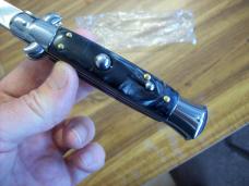  AKC Italy 9 Inch Stiletto Automatic W/Bayonet Blade Black & White Swirl Composition UNUSED!
