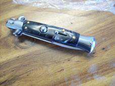  AKC Italy 9 Inch Stiletto Automatic W/Bayonet Blade Black & White Swirl Composition UNUSED!