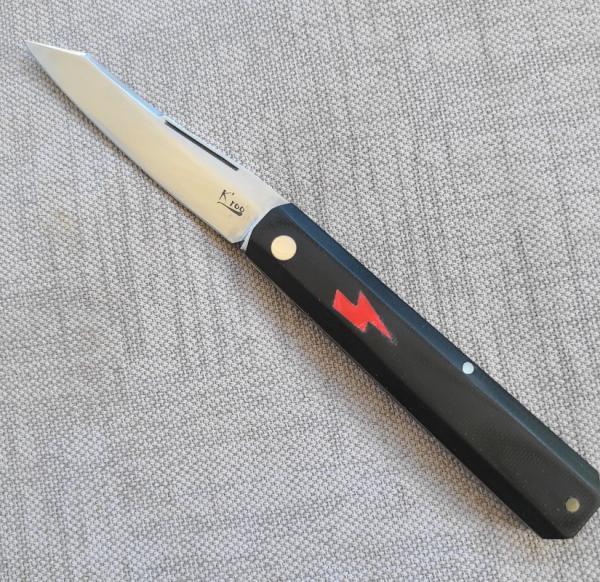 K'roo DragonFly Shadow...4" clsd...Black Micarta...red G10 accents and bolt shield..Rwl34..filework 
