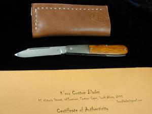 Kroo Arizona Desert Ironwood Barlow Knife 3.50" Closed RWL34 SS Blade Feather Damascus Bolsters