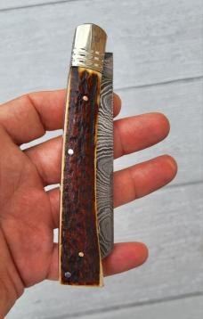 4 3/4" Custom Handmade Pocket Knife, Nice Pattern Damascus blade with Filework