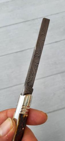 4 3/4" Custom Handmade Pocket Knife, Nice Pattern Damascus blade with Filework