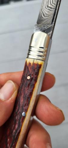 4 3/4" Custom Handmade Pocket Knife, Nice Pattern Damascus blade with Filework