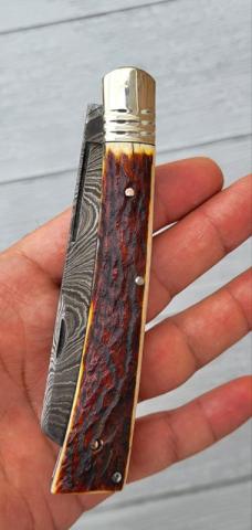 4 3/4" Custom Handmade Pocket Knife, Nice Pattern Damascus blade with Filework