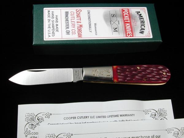 Schatt & Morgan Red Jigged Bone Barlow Knife By Cooper Cutlery Rare 69R Made In USA Schatt & Morgan Red Jigged Bone Barlow Knife By Cooper Cutlery Rare 69R Made In USA