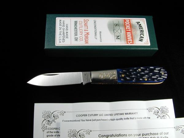 Schatt & Morgan Blue Jigged Bone Barlow Knife By Cooper Cutlery Rare 69B Made In USA Schatt & Morgan Blue Jigged Bone Barlow Knife By Cooper Cutlery Rare 69B Made In USA