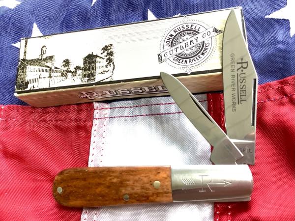 Russell (Green River Works) Barlow Pocket Knife w/ Great Brown Bone Handles & Blade Etch - NOS Russell (Green River Works) Barlow Pocket Knife w/ Great Brown Bone Handles & Blade Etch - NOS