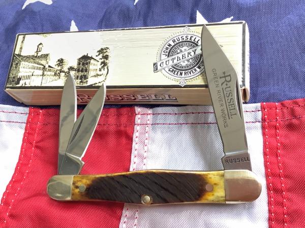 Russell (Green River Works) Whittler Pocket Knife w/ Green Bone Handles & Blade Etch - NOS