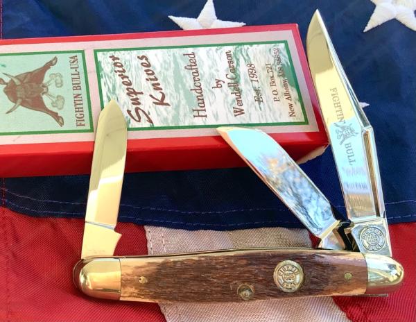 Fightn’ Bull (Wendell Carson) Hand Made Stockman with Bark Ivory Handles -NOS in Orig box Fightn’ Bull (Wendell Carson) Hand Made Stockman with Bark Ivory Handles -NOS in Orig box