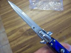 AKC Italy 9 Inch Stiletto Automatic W/Bayonet Blade Blue Swirl Composition UNUSED!