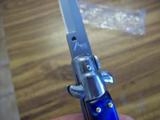  AKC Italy 9 Inch Stiletto Automatic W/Bayonet Blade Blue Swirl Composition UNUSED!