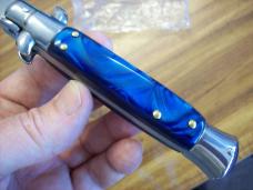  AKC Italy 9 Inch Stiletto Automatic W/Bayonet Blade Blue Swirl Composition UNUSED!