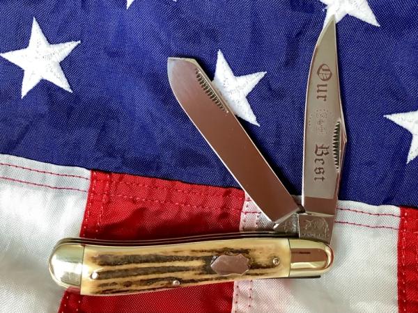 Rare Vintage Hand Made Bulldog Brand 4” Trapper w/ Great Stag Handles & Our Best Blade Etch -NOS Rare Vintage Hand Made Bulldog Brand 4” Trapper w/ Great Stag Handles & Our Best Blade Etch -NOS