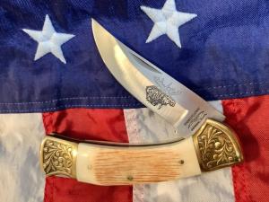 Vint Parker IMAI K-115 Large Lockback Hunter Knife w/ Moose Blade Etching -Orig Sheath & Box -NOS