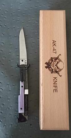 AK-47 with regular blade switchblade with with purple color camel bone handles
