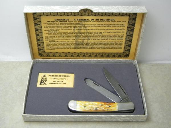 Parker Edwards Jacksonville Alabama Burnt White Bone Damascus Trapper Knife in Box