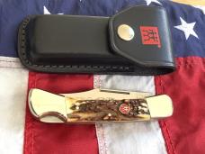 J A Henckels Lg approx 5” Folding Hunter with Nice Stag Handles +Orig Sheath
