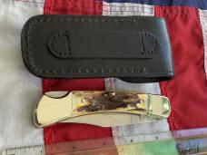 J A Henckels Lg approx 5” Folding Hunter with Nice Stag Handles +Orig Sheath
